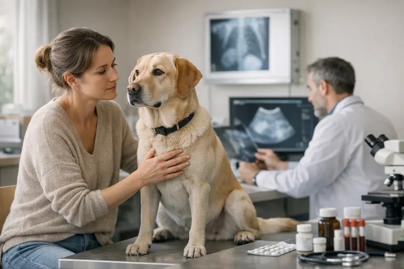 Tierarztuntersuchung bei unklaren Symptomen Ein Hund wird von einem Tierarzt mit unklaren Symptomen untersucht.