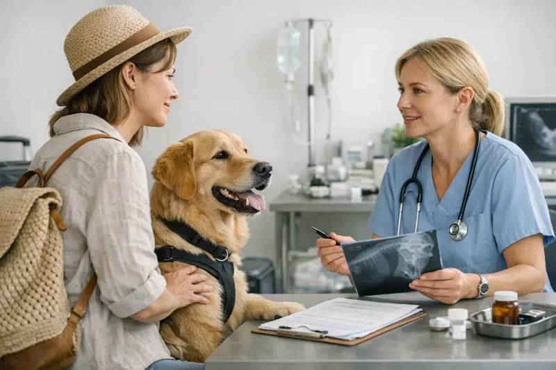 Tierarztkosten für Hunde auf Reisen kalkulieren Hund beim Tierarzt mit Blick auf eine Rechnung für Tierarztkosten während der Reise.