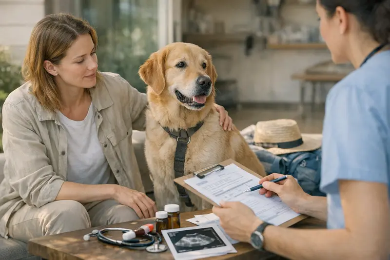 Tierarztbesuch Hund - Kostenkalkulation auf Reisen Ein Hund beim Tierarzt, umgeben von diagnostischen Geräten und Behandlungsinstrumenten.