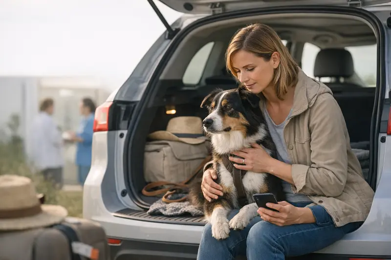 Hundetransport im Auto Ein Hund sitzt sicher im Auto, bereit für eine Reise