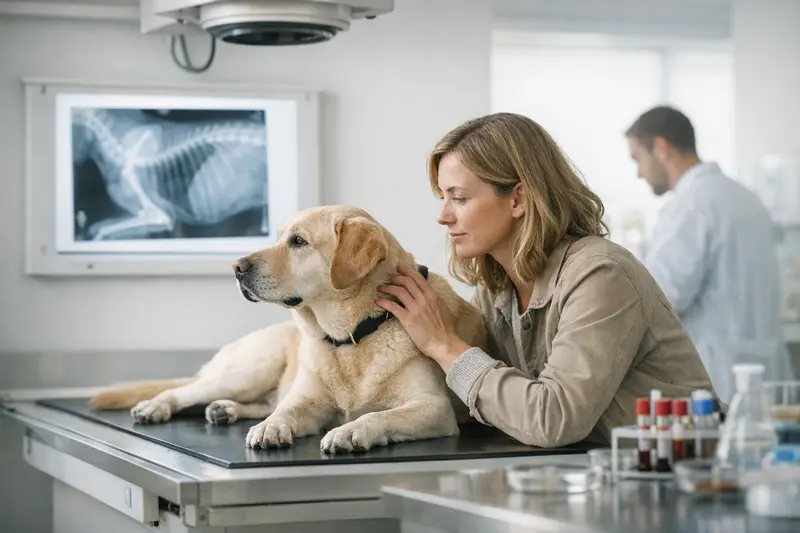 Tierarztbesuch für medizinische Diagnostik Ein Hund beim Tierarzt, während eine Röntgenaufnahme gemacht wird, um medizinische Diagnostik zu gewährleisten.