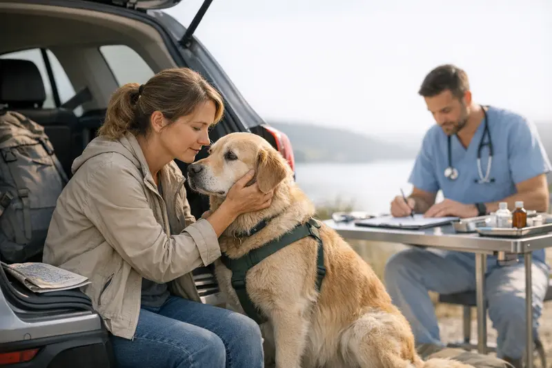 Ein Hund sitzt entspannt im Auto während einer Reise und genießt die Fahrt.