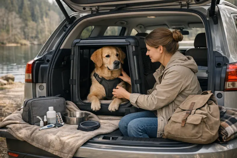 Sichere Transportlösungen für Hunde Hunde sitzen sicher im Transportbox während einer Autofahrt.