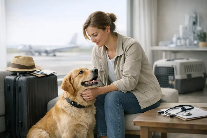Hundehalter prüft Versicherungspapiere vor einer Reise mit seinem Hund.