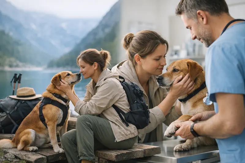 Hunde im Aktivurlaub Zwei Hunde auf einem Wanderweg während eines Aktivurlaubs mit den Besitzern.