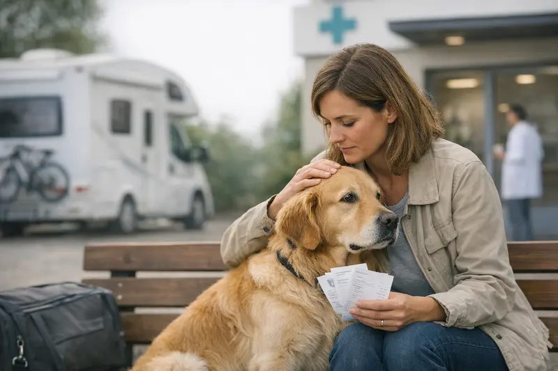 Hundehalterin prüft Tierarztkosten während einer Reise mit ihrem Hund.