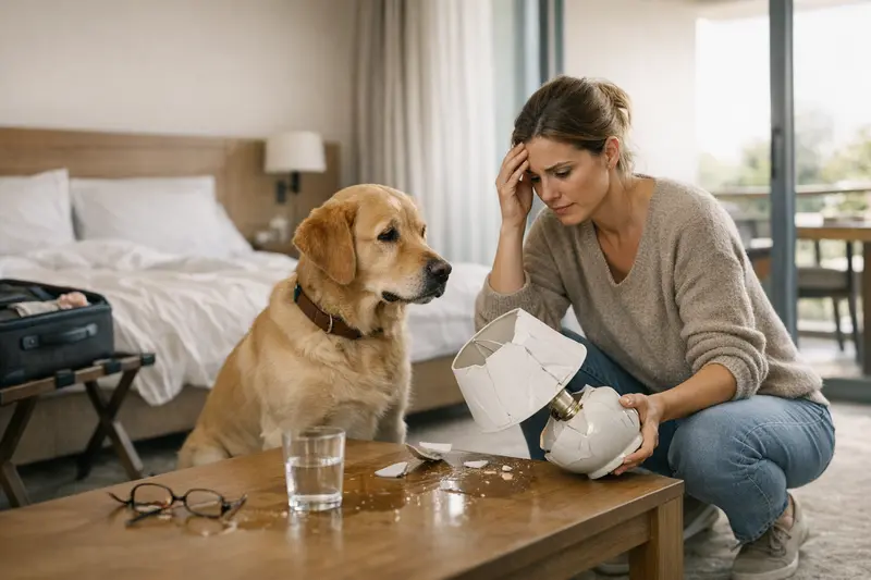 Hund beschädigt Unterkunft Ein Hund in einer Unterkunft, der beim Spielen versehentlich etwas beschädigt.