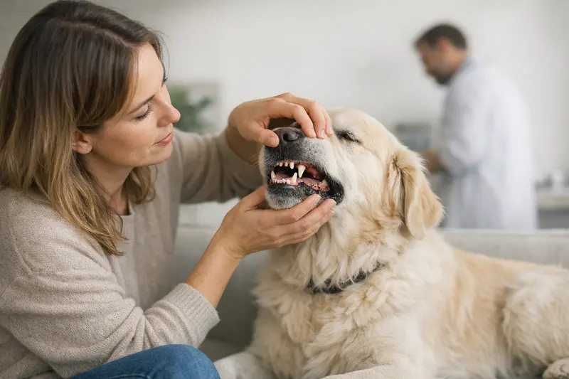 Hund mit Mundgeruch beim Tierarzt Ein Hund mit leicht geöffnetem Maul, der einen Tierarzttermin zur Überprüfung des Mundgeruchs hat.