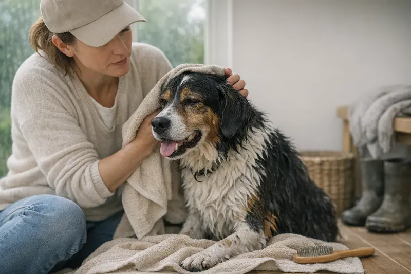 Hund nach dem Regen Ein nasser Hund, der nach dem Regen stark riecht.