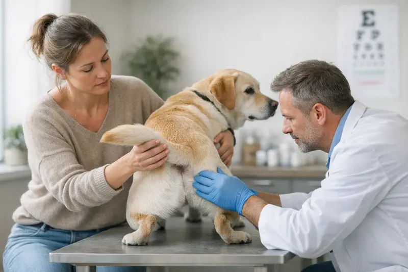Hund zeigt untypisches Verhalten Ein Hund mit unwohl klingendem Verhalten, was auf Probleme mit den Analdrüsen hinweisen könnte.