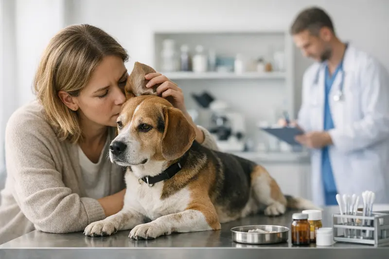 Hund mit geruchsintensiven Problemen wartet beim Tierarzt auf die Untersuchung.