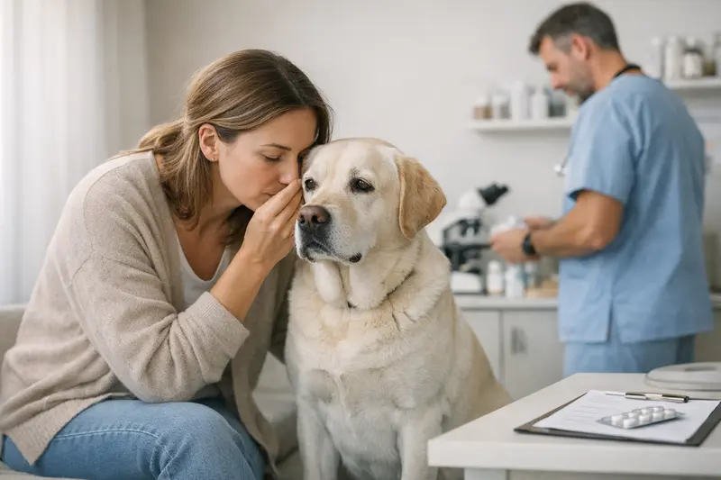 Hund beim Tierarzt für Gesundheitscheck Ein Hund mit gestochenem Blick zu einem Tierarzt, der sich um seine Gesundheit kümmert.