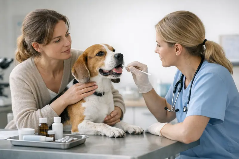 Tierarztbesuch bei Geruchsproblemen von Hunden Ein Hund, der zum Tierarzt gebracht wird, um Geruchsprobleme zu untersuchen.
