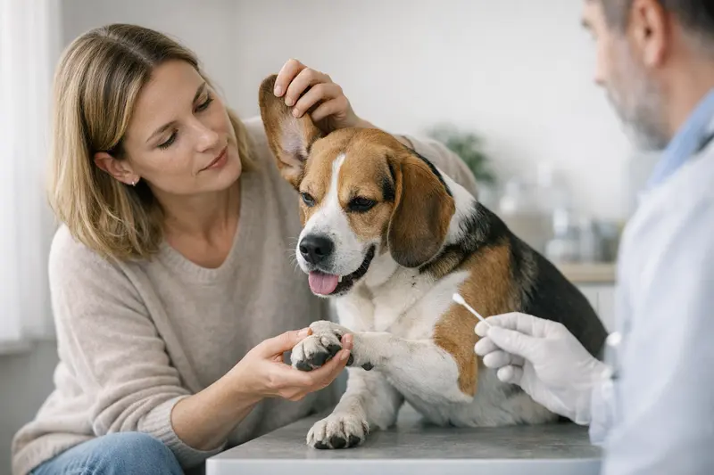 Hund untersucht für Geruchsanalyse Tierarzt untersucht einen Hund mit Hautgeruch auf mögliche Ursachen wie Allergien oder Hefen.