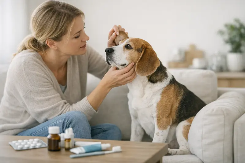 Ein Hund wird beim Tierarzt zur Untersuchung seiner Haut und Zähne vorgestellt.