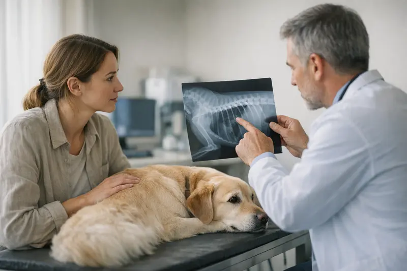Röntgenuntersuchung beim Tierarzt Tierarzt untersucht einen Hund mittels Röntgenaufnahme zur Diagnose von Verletzungen.