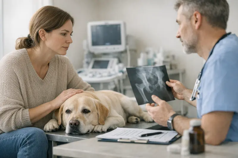 Hund untersucht auf Vorerkrankungen Ein Hund wird beim Tierarzt untersucht, um Vorerkrankungen zu klären.