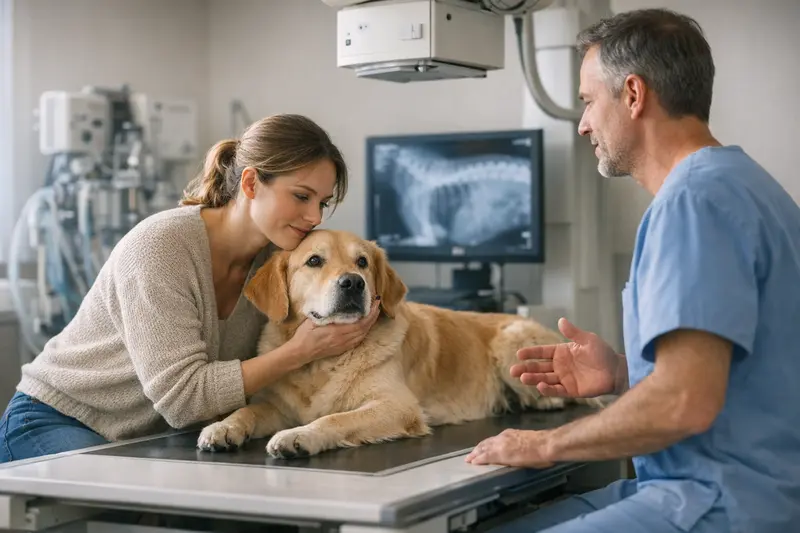 Röntgenaufnahme Hund ohne Sedierung Ein Hund liegt ruhig auf einem Untersuchungstisch für ein Röntgenbild.
