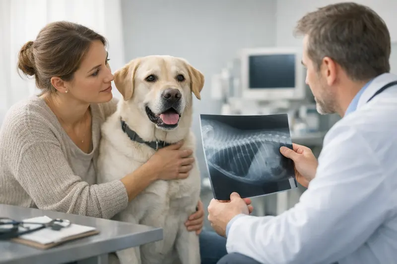 Röntgenkosten beim Hund und tierärztliche Absicherung Ein Hund bei einer tierärztlichen Untersuchung, während Röntgenbilder erstellt werden.