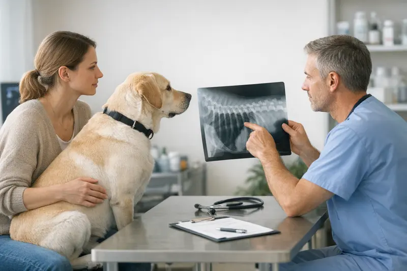 Tierarztgespräch zur Absicherung der Gesundheit von Hunden Hundehalter bespricht mit Tierarzt Gesundheitszustand und Vorerkrankungen vor dem Abschluss einer Versicherung.