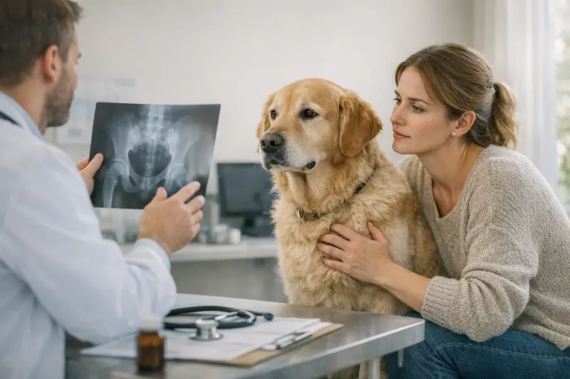 Tierarztuntersuchung bei Vorerkrankungen Ein Hund beim Tierarzt, der auf mögliche vorherige Beschwerden untersucht wird.