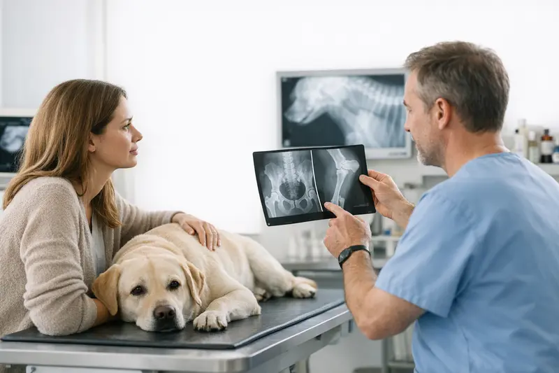 Hund auf Untersuchungstisch beim Röntgen im Tierarztpraxis