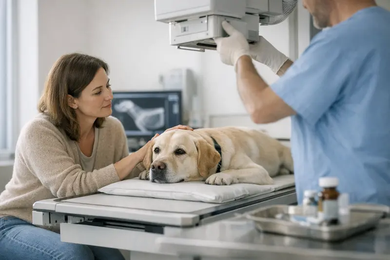 Ein Hund wird beim Tierarzt geröntgt, um gesundheitliche Probleme zu überprüfen.