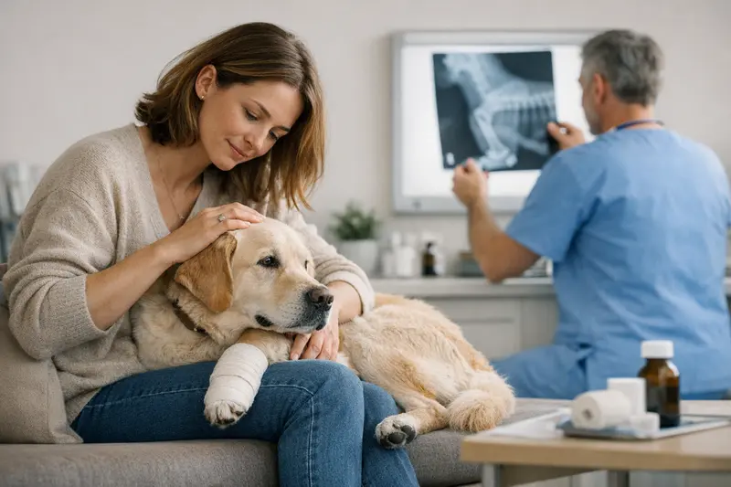 Nachbehandlung nach Röntgen beim Hund Tierärztin erklärt einem Hundehalter die Nachbehandlung nach dem Röntgen in der Klinik.