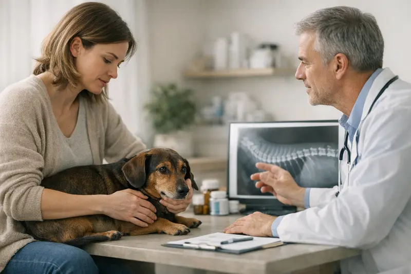 OP-Schutz bei Wirbelsäulenproblemen Eine Hundefotografie, die die Besorgnis eines Tierhalters über Rückenprobleme bei Hunden zeigt.