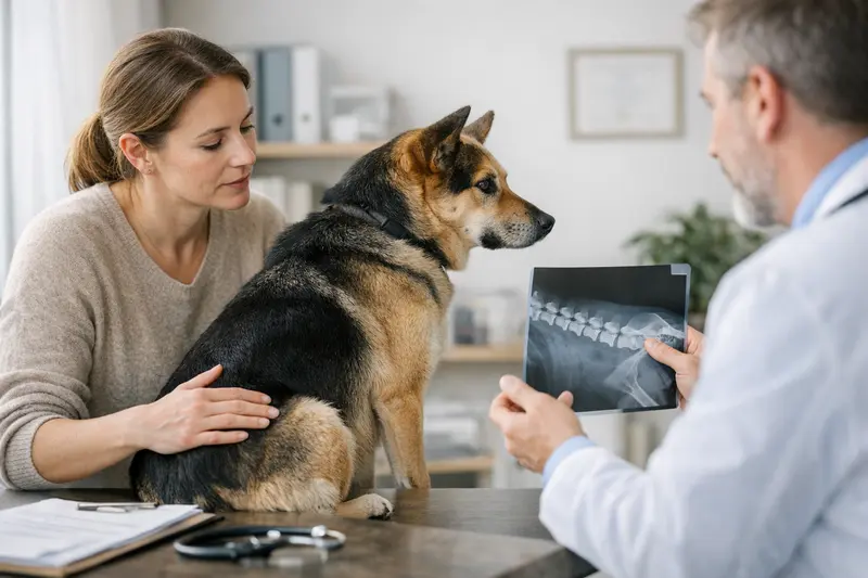 Hund mit Rückenbeschwerden Hund mit Rückenbeschwerden beim Tierarzt zur Untersuchung