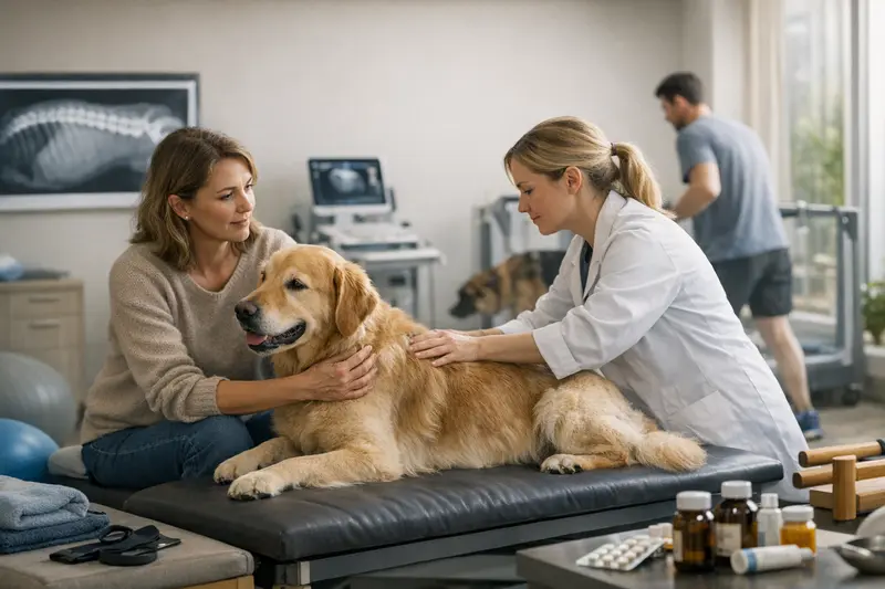 Rückenprobleme beim Hund Hund mit Rückenproblemen während einer Tierarztuntersuchung