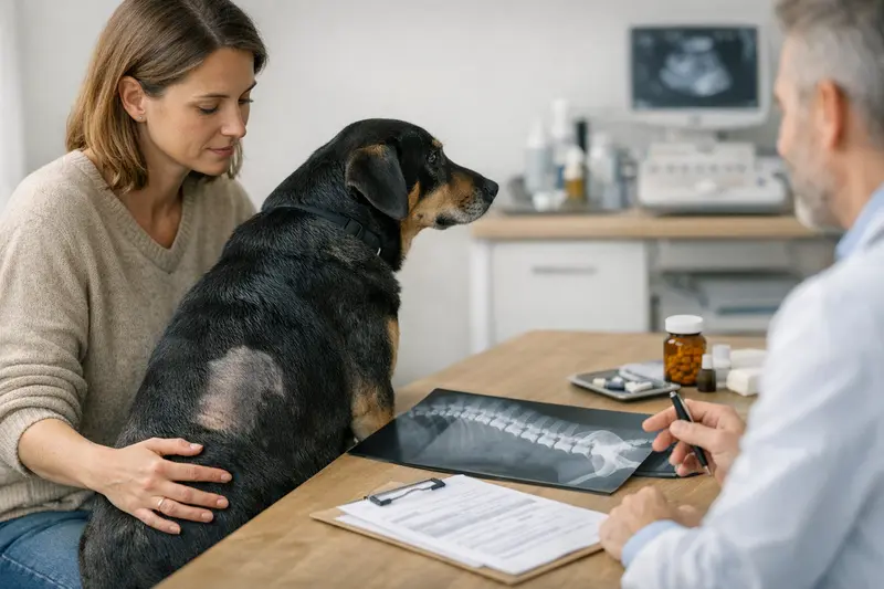 Ein Hund wird von einem Tierarzt untersucht, um die richtige Versicherungsoption zu finden.