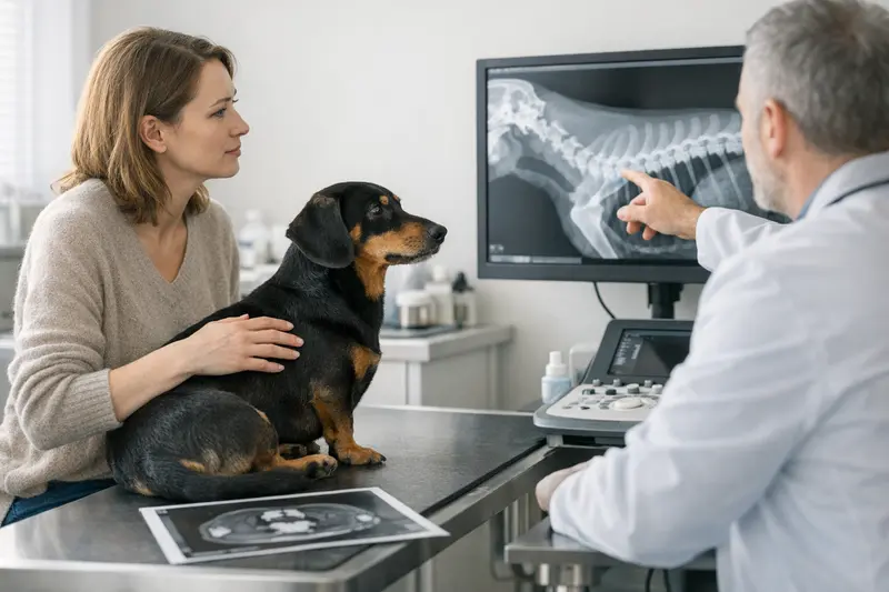 Tierarztuntersuchung bei Rückenproblemen Ein Tierarzt untersucht einen Hund auf Rückenprobleme, während die OP-Versicherung besprochen wird.