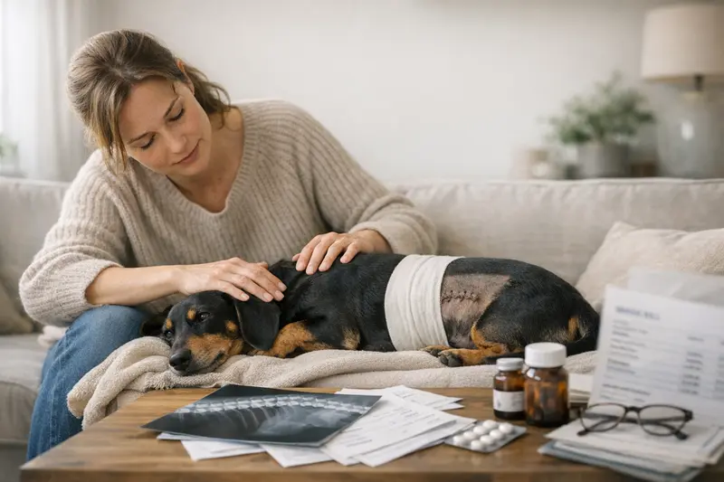 Ein Hund mit Rückenbeschwerden wird von einem Tierarzt untersucht, was die hohen Kosten für Rückenfälle verdeutlicht.