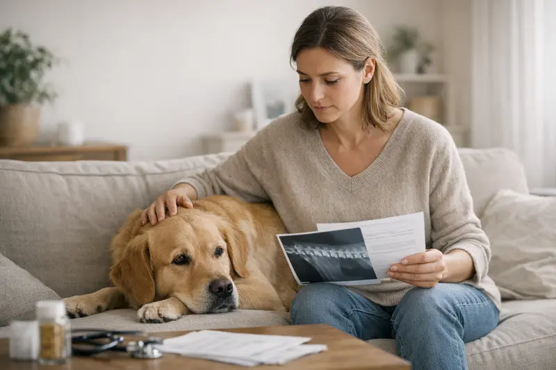Hundehalter bespricht mit einem Tierarzt die Wartezeiten und Vorerkrankungen für die Tierkrankenversicherung.