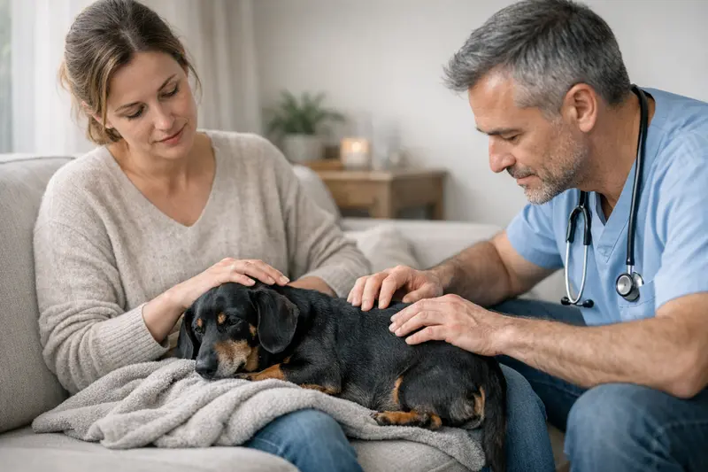 Hund bei Tierarztuntersuchung Ein Hund, der beim Tierarzt untersucht wird, um Rückenschmerzen zu diagnostizieren.
