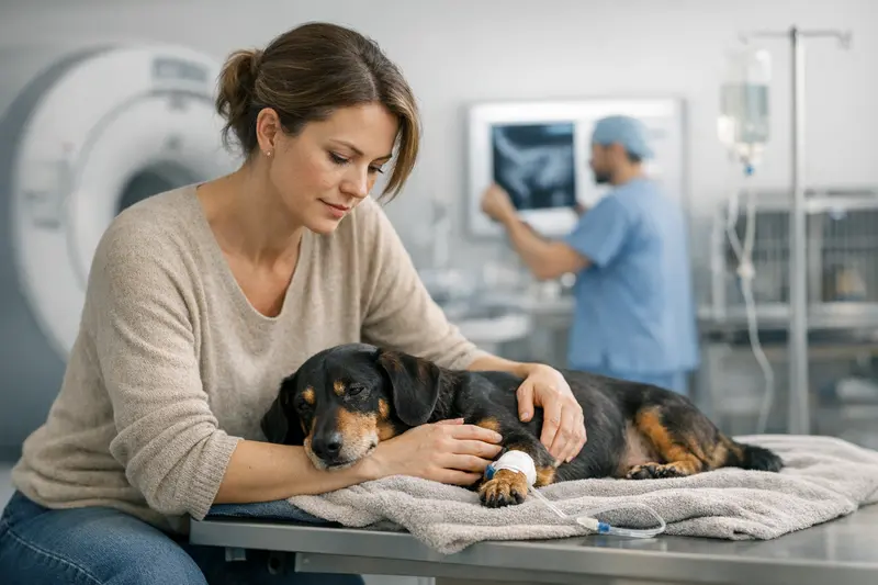 Tierarztuntersuchung Hund Rückenschmerzen Ein Tierarzt untersucht einen Hund mit Rückenschmerzen, um die Ursache der Beschwerden zu ermitteln.