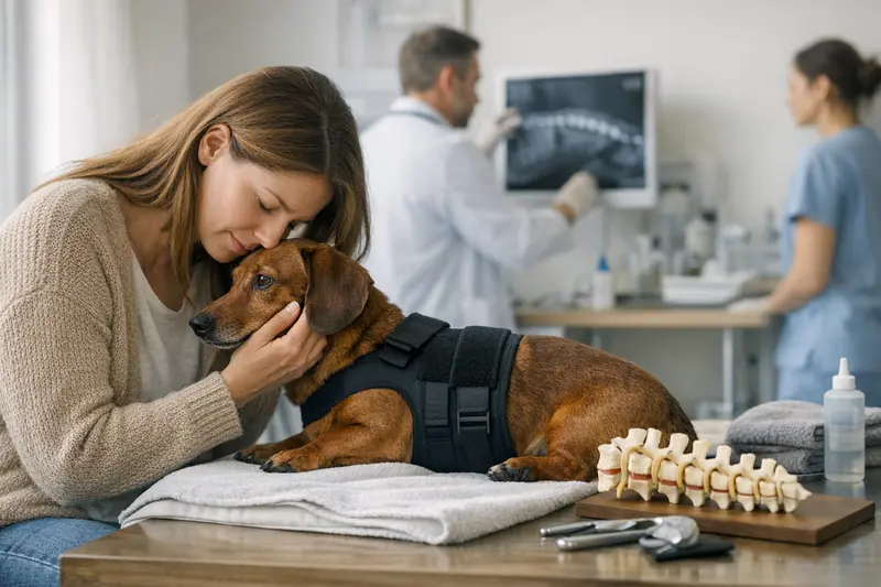 Tierarztuntersuchung Hund Rückenprobleme Ein Hund wird von einem Tierarzt wegen Rückenproblemen untersucht.