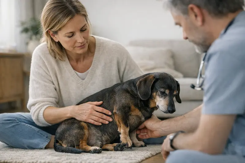 Hund mit Bandscheibenproblemen erkennen Ein Hund mit Rückenschmerzen zeigt eine Schonhaltung und bewegt sich vorsichtig.