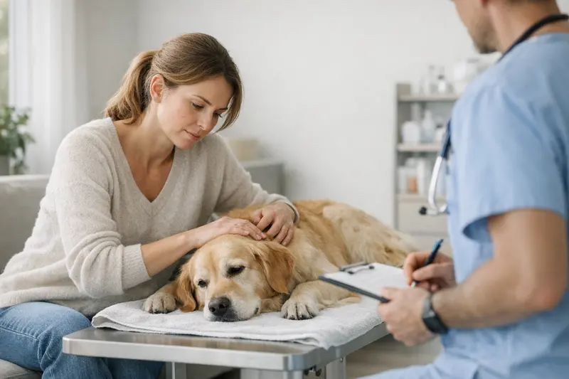 Hund beim Tierarzt wegen Sauberkeitsproblem Ein Hund liegt auf einem Untersuchungstisch beim Tierarzt, besorgt und aufmerksam.