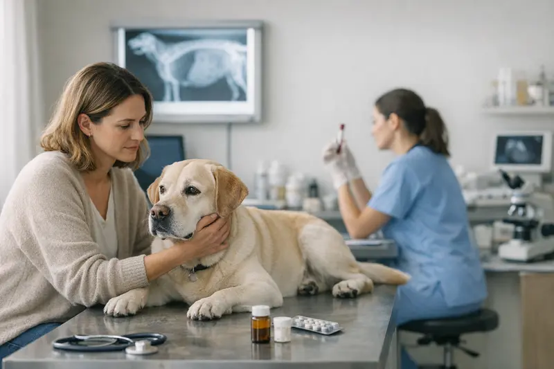 Ein Tierarzt untersucht einen Hund auf Behandlungskosten, um aktuelle Gesundheitsprobleme zu diagnostizieren.