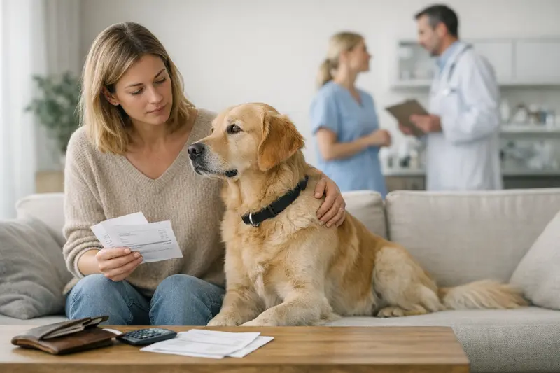 Selbstbeteiligung bei Hundekrankenversicherungen Hundehalter bespricht mit einem Tierarzt die Selbstbeteiligung bei Tierarztkosten.