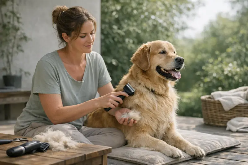 Hundescheren im Sommer sinnvoll? Ein Hund wird im Sommer mit einer Schere frisiert, während der Besitzer achtsam die Fellstruktur schützt.