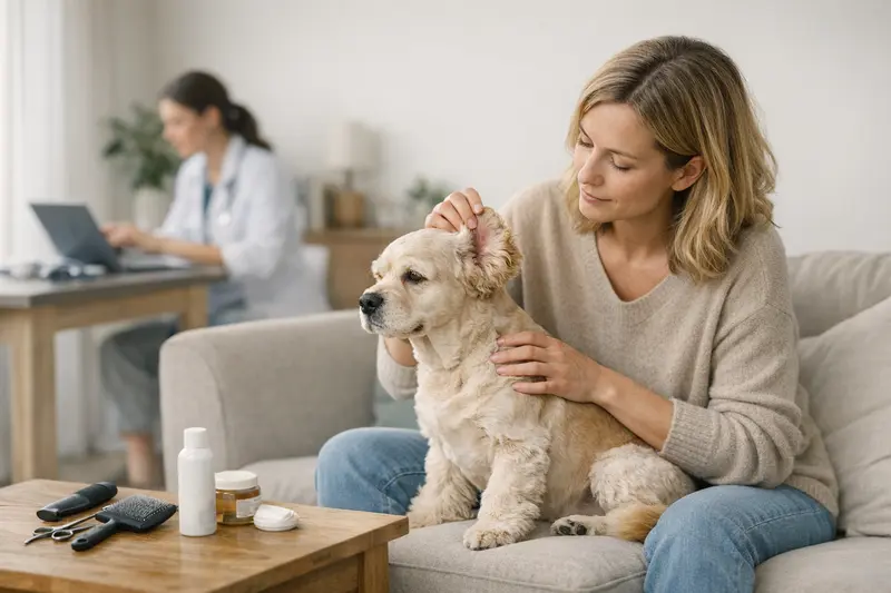 Tierarztuntersuchung für Hund Ein Hund wird von einem Tierarzt untersucht, um Haut- und Pflegeprobleme frühzeitig zu erkennen.