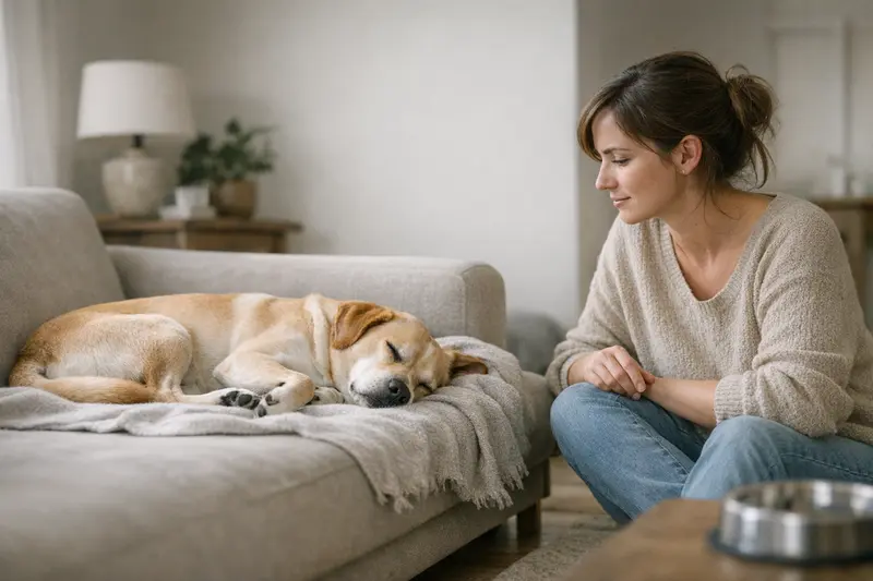 Ein entspannter Hund schläft und zuckt leicht während des Schlafs.