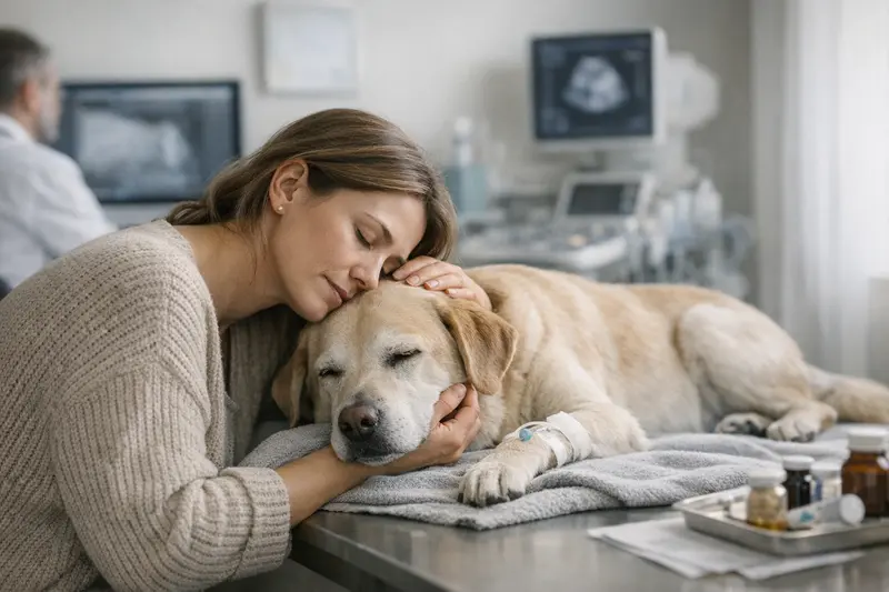 Tierärztliche Untersuchung Hund Ein Hund erhält eine tierärztliche Untersuchung zur Klärung von Gesundheitsproblemen.