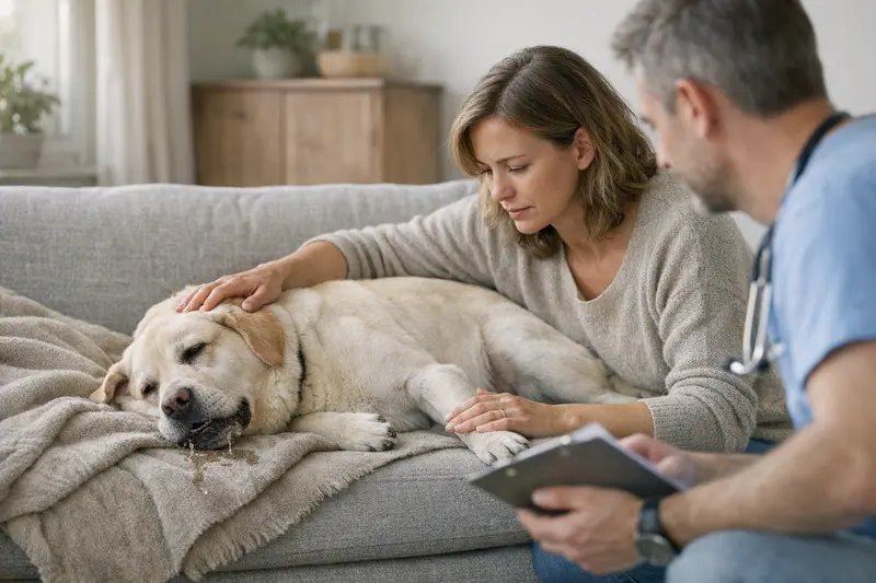 Ein Hund zeigt Anzeichen eines Krampfanfalls mit starker Verkrampfung und fehlender Reaktion.