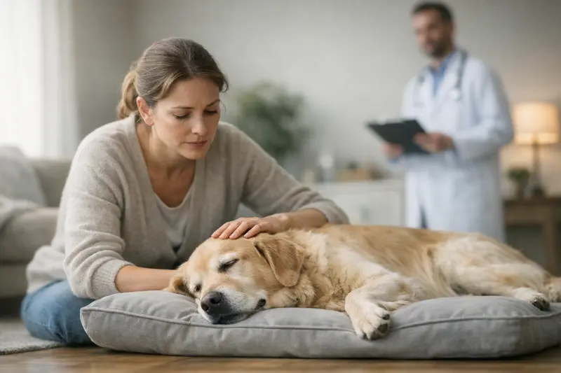 Auffälliges Schlafverhalten bei Hunden Ein Hund schläft ruhig, während eine besorgte Halterin ihn beobachtet, was auf auffälliges Schlafverhalten hinweist.