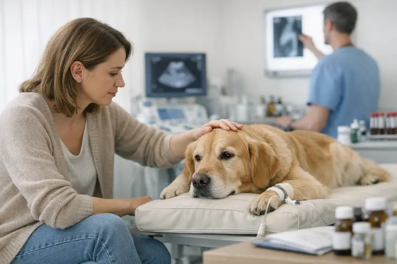 Tierarztuntersuchung Hund Eine Tierärztin untersucht einen Hund, was häufig mehrere Diagnostikschritte erfordert.