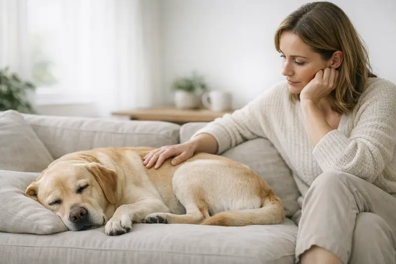 Schlafender Hund auf Sofa Ein schlafender Hund auf einem gemütlichen Sofa, der entspannt wirkt.